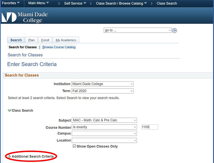 Screenshot of MDConnect Search Criteria with a red mark around Addition Search Criteria