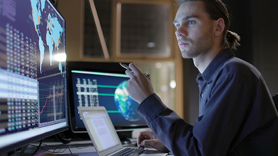 A professional analyzing information on a computer screen.